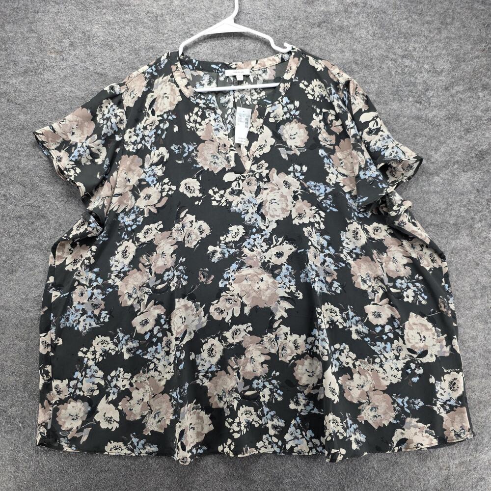 Maurices Tunic Blouse Womens 3X Gray V-Neck Chiffon Floral Ruffle Lightweight